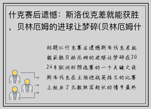 什克赛后遗憾：斯洛伐克差就能获胜，贝林厄姆的进球让梦碎(贝林厄姆什么位置)